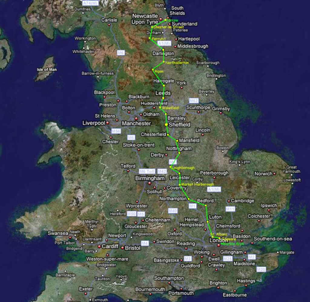 Visual reference of the route of the Jarrow Marchers